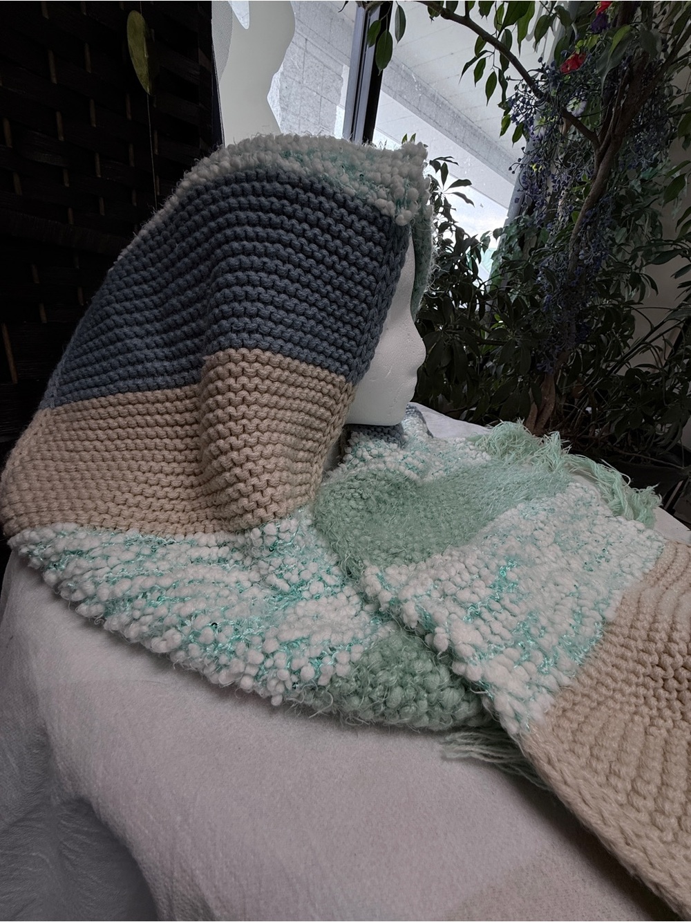 Soft Knit handmade scarf in Mint, Blue and Cream, cottagecore cozy color block 💫